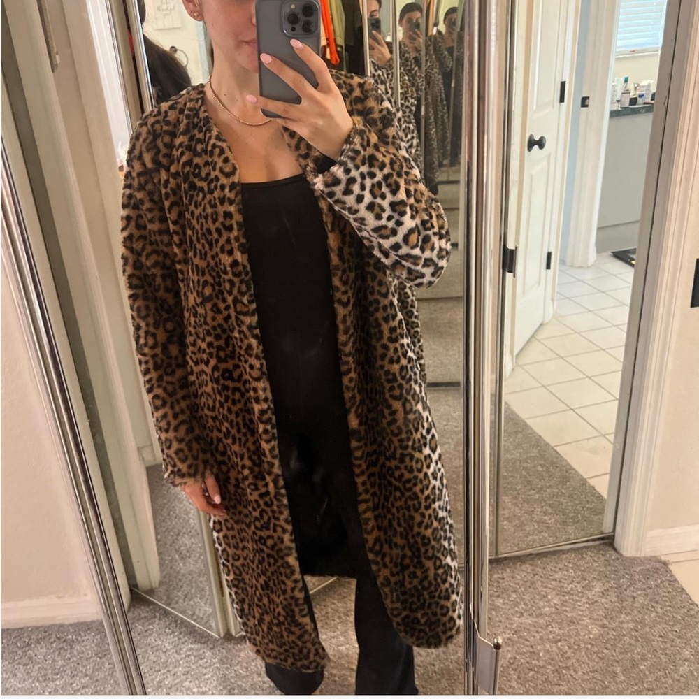 Leopard print faux fur coat